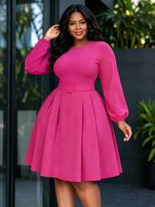 Women's Elegant Ruffle Hem Midi Dress With Belt, Round Neck, Pockets, Solid Color, Fabric Suitable For Elegant, Casual, Formal Occasions, Office, Autumn - Rose Red - View 1