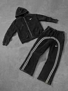 YUNCHIC High Street Washed Distressed Curved Double White Stripe Sports Set Vintage Loose Zipper Hooded Jacket Flared Sweatpants 2 Pieces Set - Black - View 5