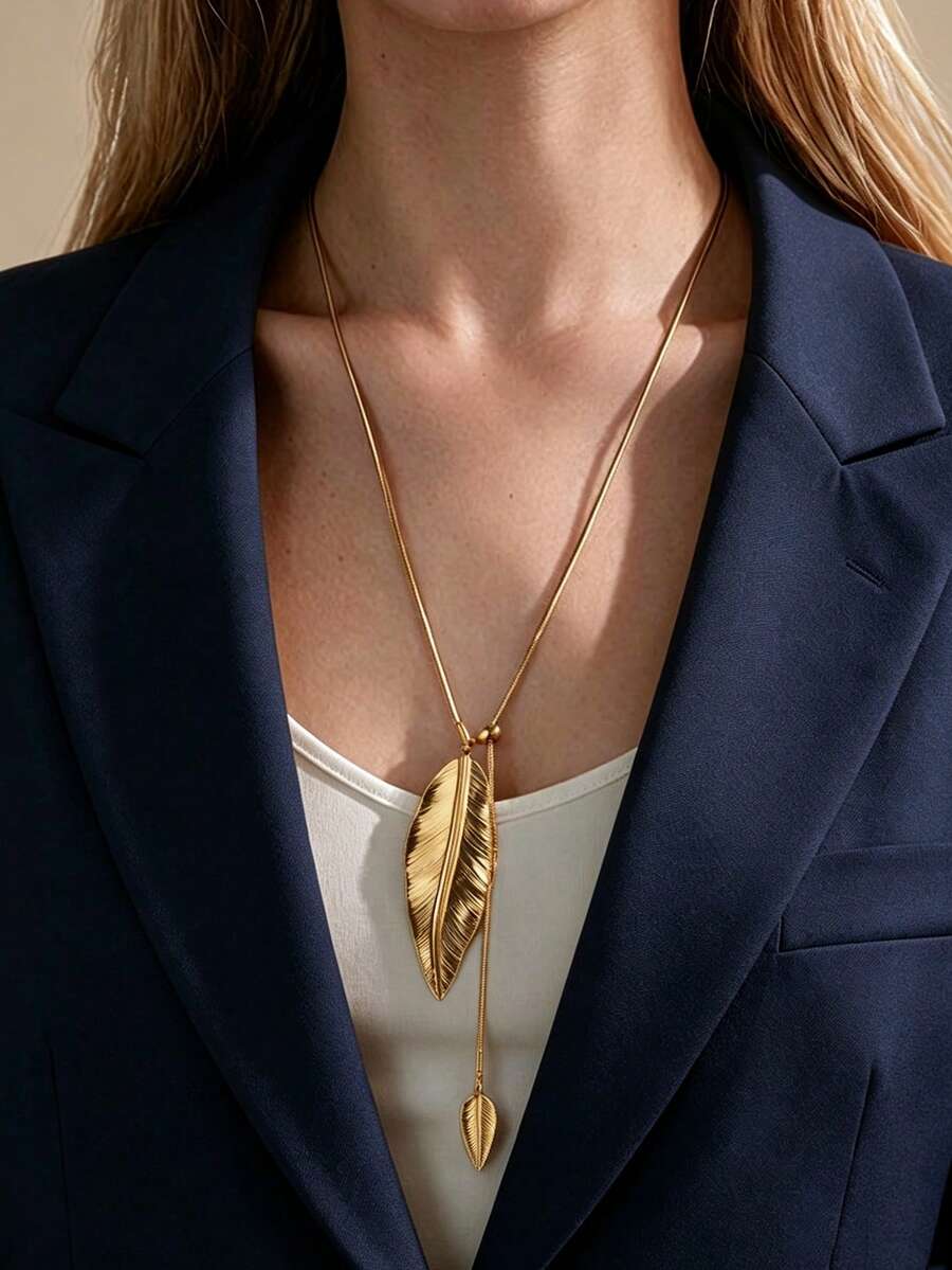 GEREIT 1pc Gentle & Elegant 18K Gold Plated Stainless Steel Leaf Pendant Necklace With Adjustable Drawstring, Suitable For Women's Daily Wear And Gift-Giving In Autumn - Gold - View 1