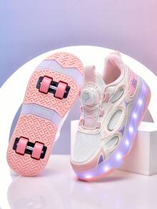 女童四輪發光輪滑鞋，USB充電式LED燈，旋轉按鈕免鞋帶透氣網布可伸縮輪，彩色發光輪滑運動鞋 - 粉色 - 查看 4