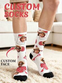 1 Pair Customized Face Socks, Personalized Photo Gift, Suitable For Couples, Unique Anniversary, Birthday, Valentine's Day, Christmas Customized Photo Mid-Calf Socks - Multicolor - View 2
