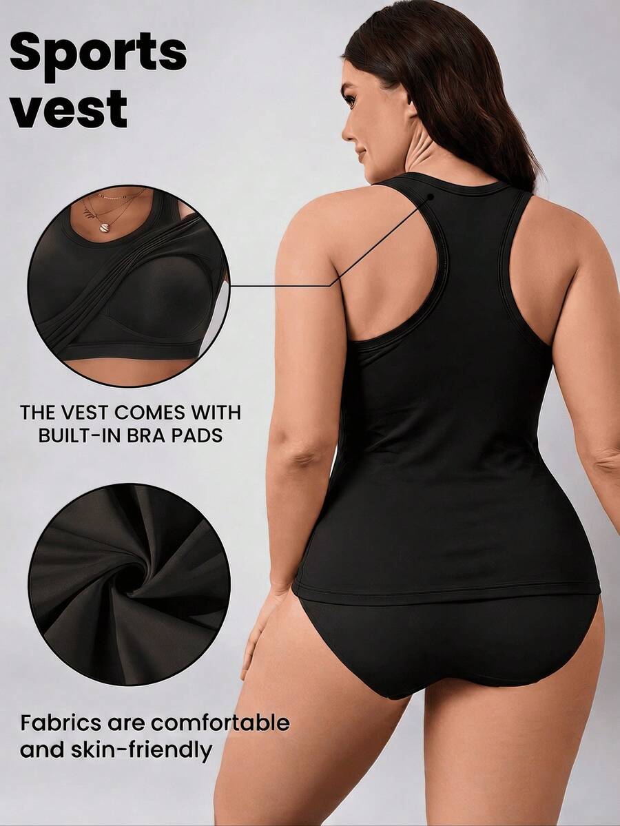 1pc Plus Size 2-In-1 Tank Top With Built-In Cup Pads, Racerback Camisole Undershirt, Casual Spaghetti Strap Tank Top For Women, Spring Summer Autumn Winter - Black - View 1