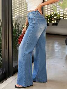 Women Mid‑Rise Straight Flare Jeans, Diagonal Side Seam Detail, Medium Wash Raw Frayed Unfinished Hem Stretch Denim Pants Casual - Medium Wash - View 4