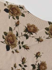 Women's Autumn Vintage Floral Print V-Neck Knit Sweater, Hollow Long Sleeve Design, Eye-Catching Outfit For Outings - Multicolor - View 5