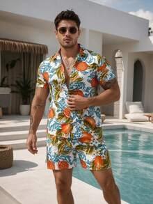 Conjunto de camisa de manga corta con estampado de frutas de un solo pecho y pantalones cortos con cordón en la cintura para hombre en verano - Multicolor - Ver 3