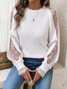SEREN Women's New Lace Patchwork Design Sweater, Elegant Long Sleeve Top For Autumn/Winter, Suitable For Daily Wear, Outings, And Gatherings - White - View 4