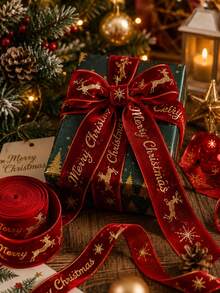 1 Roll Christmas Velvet Decorative Ribbon, Gold Foil Stars & Merry Christmas Print, 2m Roll, 2.5cm/4cm Wide, Suitable For Gift Wrapping, Christmas Tree, Wreath, Bow Making, Holiday Party Decoration - Velvet - View 1