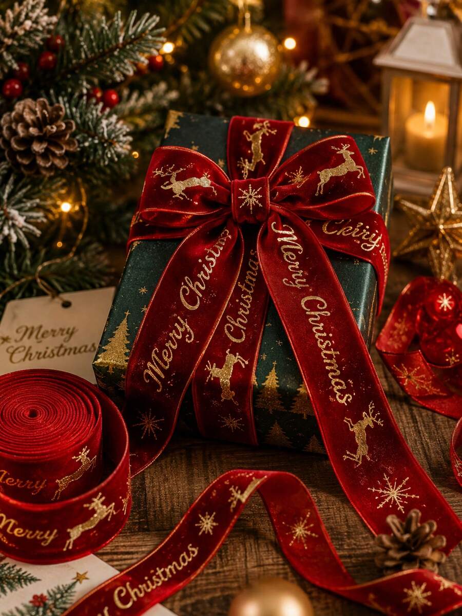 1 Roll Christmas Velvet Decorative Ribbon, Gold Foil Stars & Merry Christmas Print, 2m Roll, 2.5cm/4cm Wide, Suitable For Gift Wrapping, Christmas Tree, Wreath, Bow Making, Holiday Party Decoration - Velvet - View 1