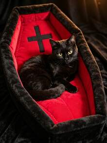 Gothic Coffin Shaped Pet Cat Bed, Soft Plush Warm Mat Bed, Cross Embroidery, Halloween Theme Anti-Slip Sleeping Nest, Suitable For Kittens And Young Cats - Multicolor - View 4