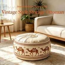 Vintage Bohemian Camel Print Ottoman Pouf, Premium Waterproof Faux Leather Round Stool, Stitched Padded Top, Versatile Footrest Extra Seating, Decorative Storage Bench For Boho, Mid-Century & Modern Home Interior - Multicolor - View 7