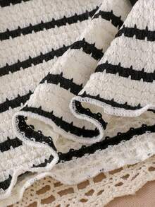 Baby Girl Black & White Striped Knit 2-Piece Set, Oversized Ruffle Collar Pullover Top + Bow Casual Long Pants Outfit - Black - View 11