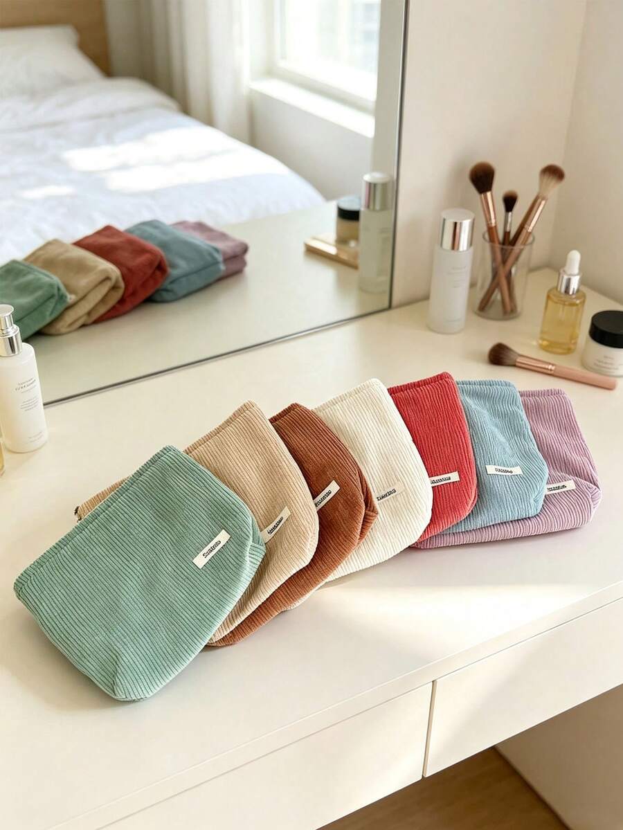 1pc/4pcs Solid Color Corduroy Makeup Bag, Soft Zipper Cosmetic Storage Pouch, Multi-Functional Portable Organizer, Lightweight Travel Toiletry Bag, Minimalist Lipstick Brush Skincare Storage, Women's Daily Home Storage Accessory