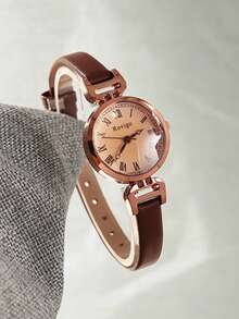1PC Vintage Rose Gold Roman Numeral Quartz Women's Watch, Brown Leather Strap Commuter Style, Perfect Gift For Women - Brown - View 6
