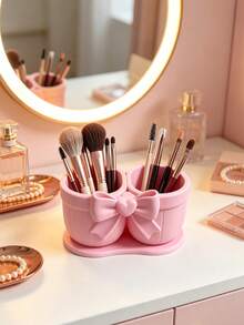 Bowknot Dual-Compartment Makeup Brush & Lipstick Storage Holder, INS Style Makeup Tool Organizer, Large Capacity Multifunctional High-Aesthetic Vanity Desktop Organizer - View 3