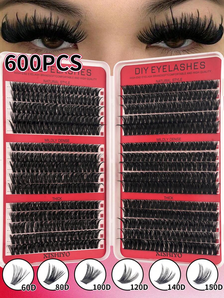 600片裝 DIY 簇裝假睫毛套組，含 6 款睫毛簇，適合日常妝容、派對、舞台、Cosplay、美妝造型與節日妝容