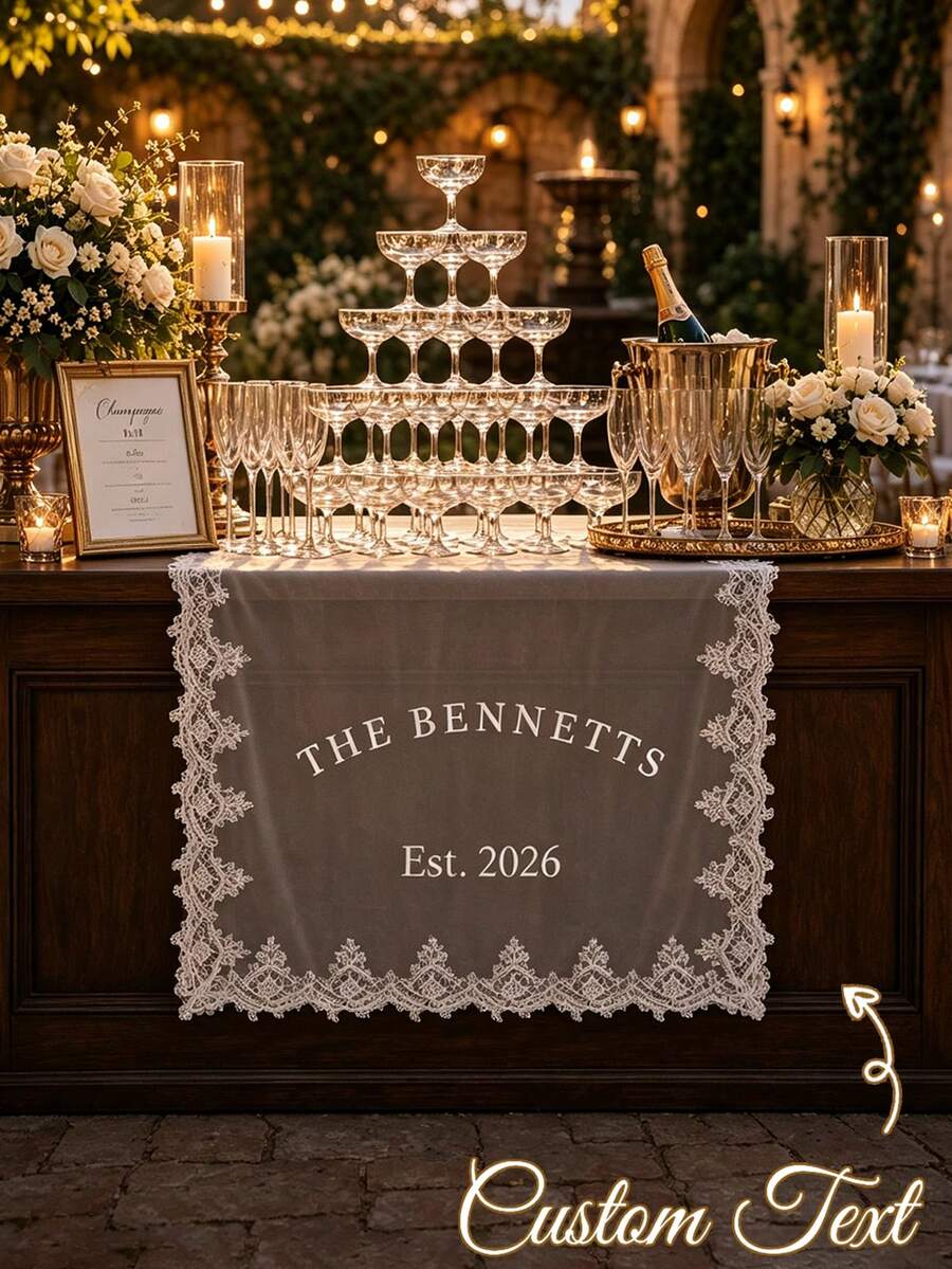 Custom Lace Sheer Wedding Table Runner, Personalized Head Table Sign For Bride And Groom Reception Display, Wedding Sweetheart Table Decor, Rustic Lace Wedding Table Runner, Suitable For Wedding, Anniversary, Party.