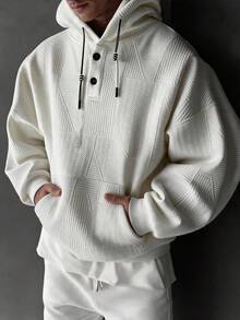 Men's Casual Fashion Solid Color Textured Fabric Long Sleeve Hoodie With Drawstring And Buttons, Versatile Sweatshirt For Outdoor Activities, Commuting And Daily Wear, Gift For Boyfriend Or Husband - White - View 5