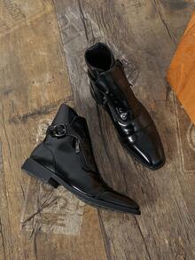 Men's Rivet Buckle Decor High-Top Ankle Boots With Side Zipper, Square Toe, Low Heel, Business Casual Shoes For Office, Banquet, Date, Commute And Daily Wear - Black - View 3