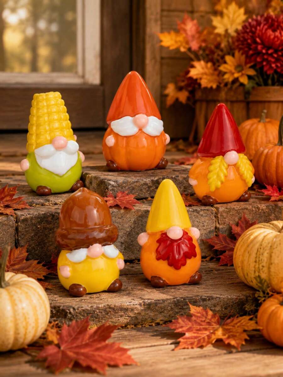 5Pcs Autumn Gnome Decorations, Pumpkin Corn Harvest Gnome Figurines For Table Shelf Mantel Seasonal Home Decor - Dwarf Figurine - View 1