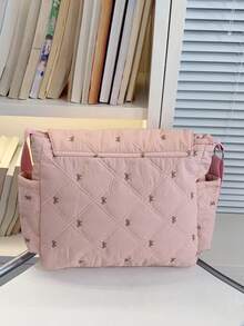 Cute Pink Bow Embroidery Messenger Bag, Quilted Diamond Pattern Crossbody Bag, Large Capacity Student Shoulder Bag - A - View 6