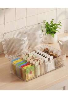 Caja de almacenamiento de bolsas de té de 1 compartimento con tapa abatible, caja de almacenamiento de té transparente apilable, caja de almacenamiento de bolsas de té de plástico de 4 compartimentos, adecuada para cocina y encimera - transparente - Ver 13