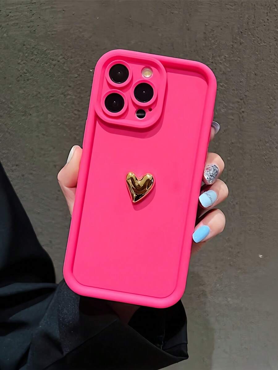 可愛奢華 3D 金色愛心軟殼手機殼,適用於 iPhone 16 Pro Max/17/16/15/14 Plus/13/12/11/Air,防震糖果外殼 - 玫紅色 - 查看 1