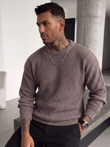 Men's Autumn/Winter Basic Solid Color Casual Fitted Lightweight Sheer Polyester Pique Texture Niche Design Long Sleeve Drop Shoulder Crew Neck Pullover Sweater - Coffee Brown - View 5