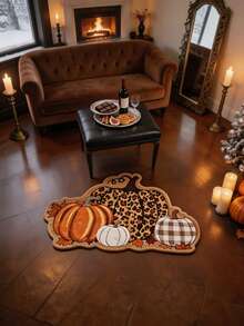 1 pieza Alfombra con estampado de leopardo de dibujos animados y cuadros con forma de calabaza, estilo vintage de Halloween, Halloween, felpudo para exteriores, alfombra de cocina, decoración del hogar, alfombra de área, alfombra de jardín, alfombra lavable - Multicolor - Ver 10