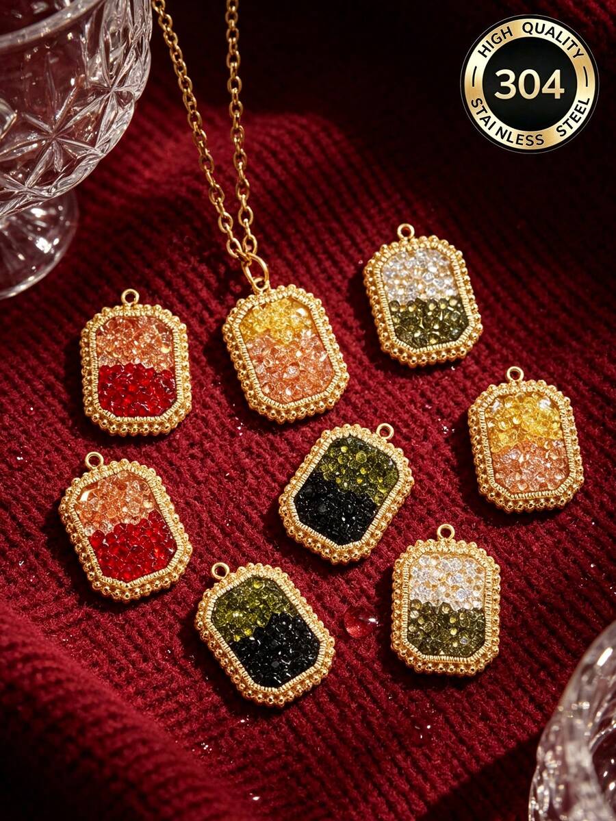 1 Pc Square Two‑Tone Rhinestone Stainless Steel Pendant, Beaded Edge Crystal Charm DIY Jewelry Accessory For Handmade Necklaces & Bracelets - Pendants - View 1