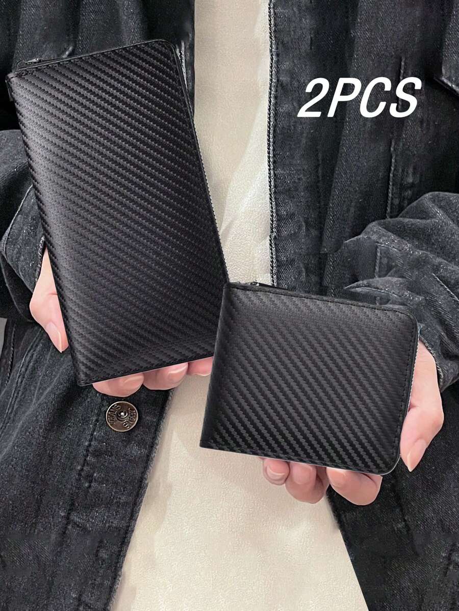 HOVI'S Set Dompet Pria 2 Buah dengan Tekstur Serat Karbon - Dompet Genggam dengan Tali Pergelangan Tangan Panjang dan Tempat Penyimpanan Ponsel + Dompet Pendek Kompak, Banyak Slot Kartu & Penutup Resleting - Hitam - View 1