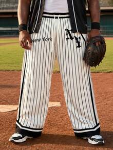 Celana Baseball Pria Ukuran Besar Motif Garis Vertikal Hitam Putih dengan Saku untuk Pemakaian Kasual Sehari-hari - Putih - View 5