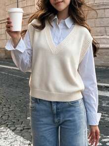 Women's V-Neck Knitted Vest, Sleeveless Ribbed Hem Soft Fabric Autumn Casual Loose Basic Sweater Vest Top - Beige - View 3