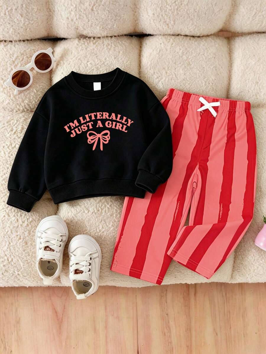 Cute Cool Baby Girl 2-Piece Sportswear Set, Slogan Bow Print Sweatshirt + Vertical Striped Wide Leg Pants, Soft Infant Spring/Autumn/Winter Outfit - Black - View 1