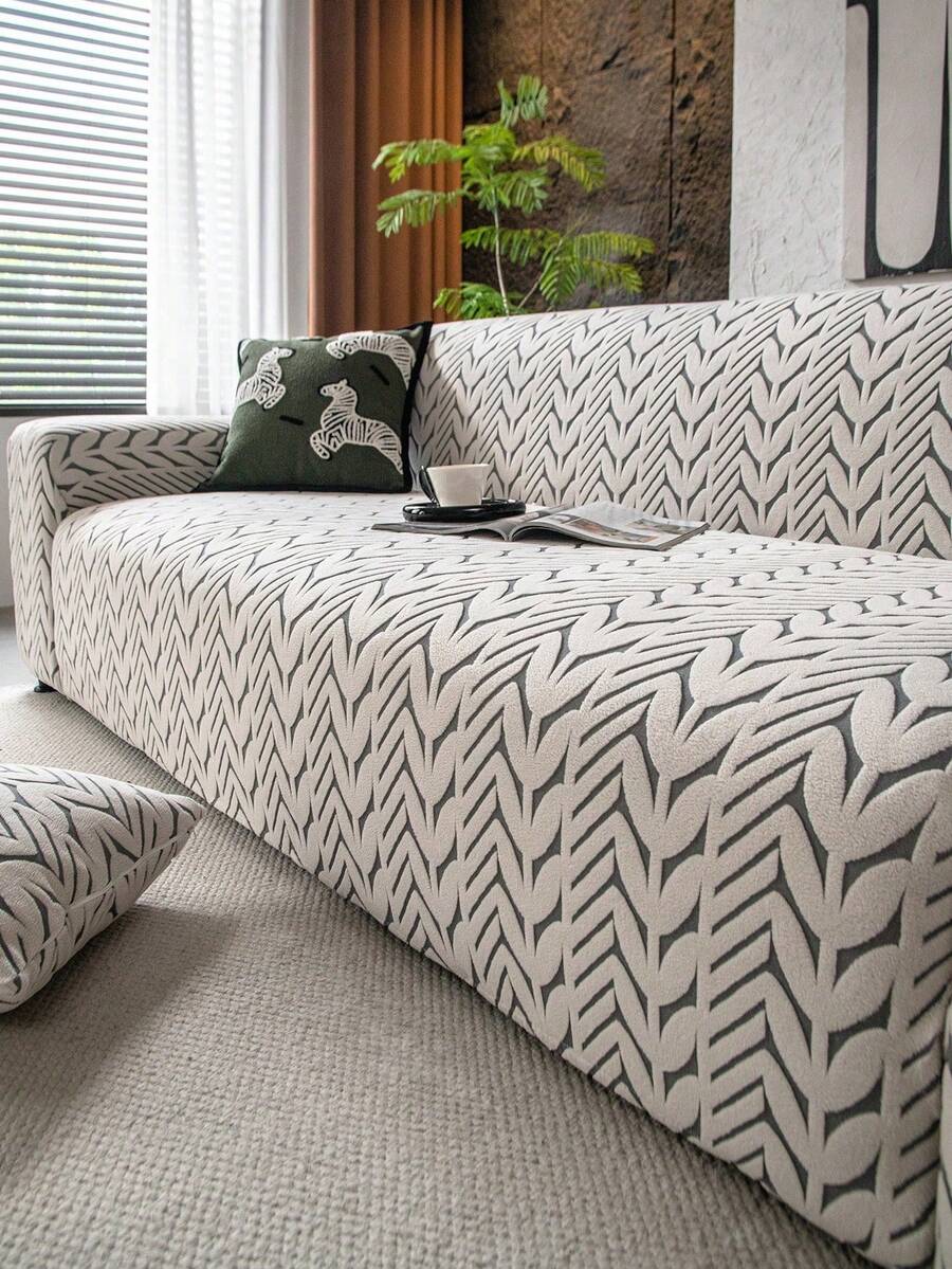 1pc Stretchable Multi-Functional Sofa Cover, Geometric Pattern Design, Suitable For Spring, Summer, Autumn And Winter, Protects Sofa, Decorative Sofa Slipcover, Includes 1 Throw Pillow Case - Grey - View 1