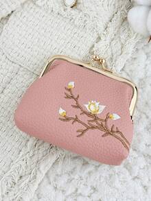 Fashionable Flower Embroidery Appearance, Multi-Functional And Compact Design With A Clip Opening And Closing, Portable Coin Purse And Card Bag - Pink - View 7