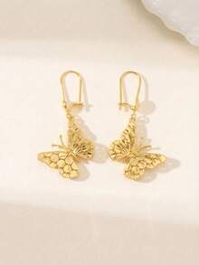 24K Gold Plated Laser Cut Butterfly Pendant Earrings, Rust-Resistant Gold Alternative Delicate Small Textured Metal Jewelry, High-End Jewelry - Butterfly Earrings - View 6