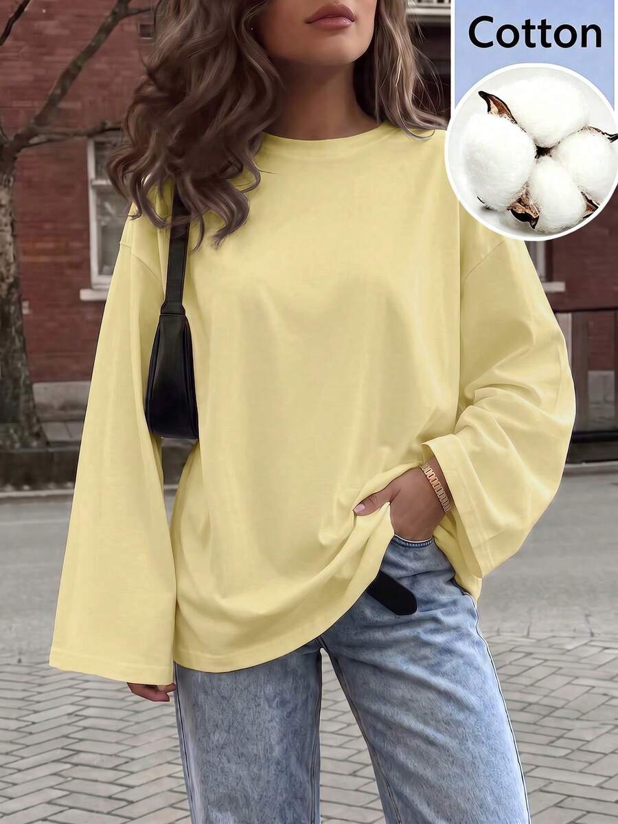 女款春夏優雅清新迷人休閒通勤時尚純色蕾絲拼接荷葉邊裝飾極簡長版上衣 - 黃色 - 查看 1