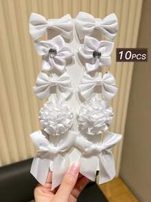 10pcs Pure White Bow Ribbon Hair Clips With Diamonds, Shiny Bow Flower Star Shaped French Style Alligator Hair Clips, Suitable For Party/Daily Wear Women's Small Hair Clips, Women's Hair Accessories, Women's Hair Decoration, Gift Recommendation - White - View 2