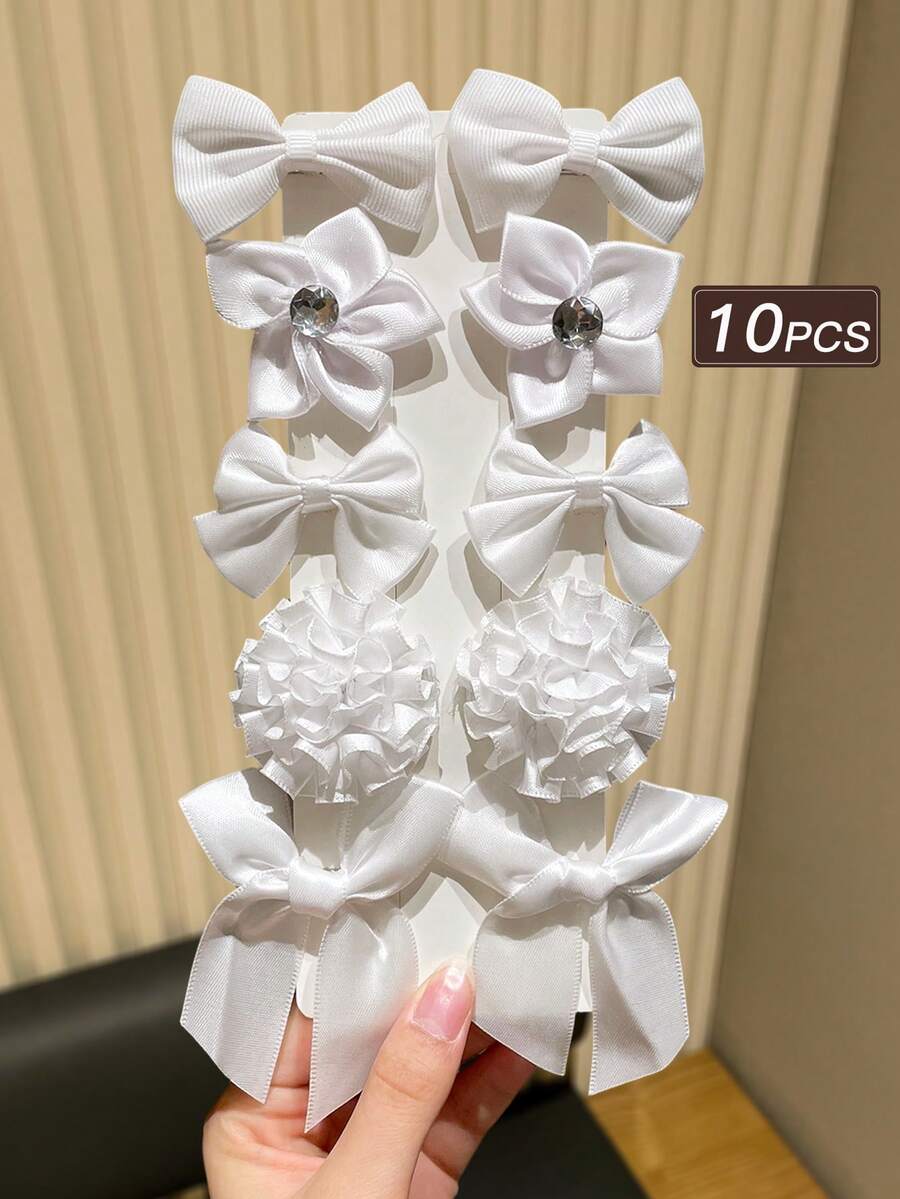 10pcs Pure White Bow Ribbon Hair Clips With Diamonds, Shiny Bow Flower Star Shaped French Style Alligator Hair Clips, Suitable For Party/Daily Wear Women's Small Hair Clips, Women's Hair Accessories, Women's Hair Decoration, Gift Recommendation