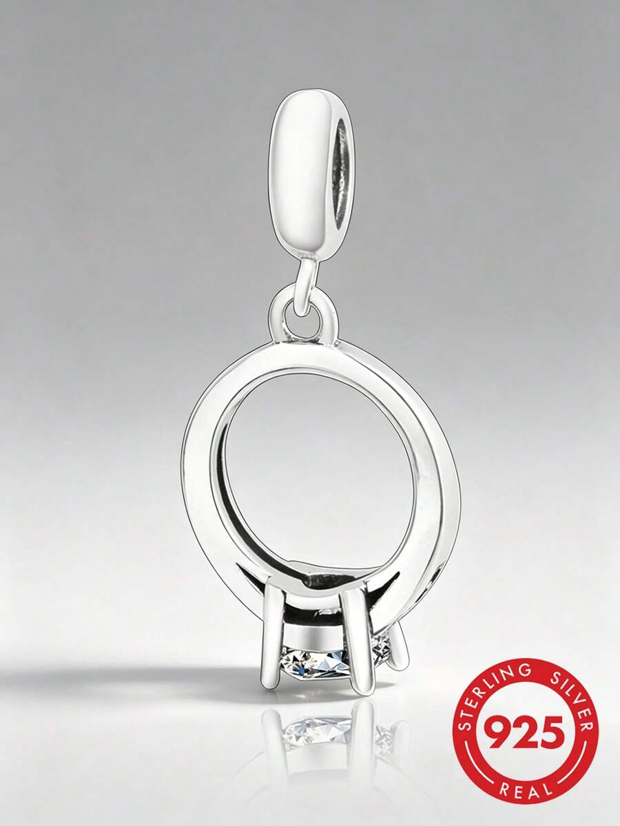 RADIVIDE 1pc 925 Sterling Silver Single Diamond Engagement Ring Pendant, Single Clear Cubic Zirconia Wedding Ring Pendant Bead, Suitable For European Style Bracelet, Romantic - Silver - View 1