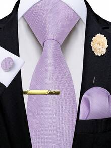 5Pcs Men Lilac Tie Pocket Square Cufflinks Boutonniere Tie Clip Set, Random Cufflink Pattern, Suit Accessories For Wedding - Lilac Purple - View 1