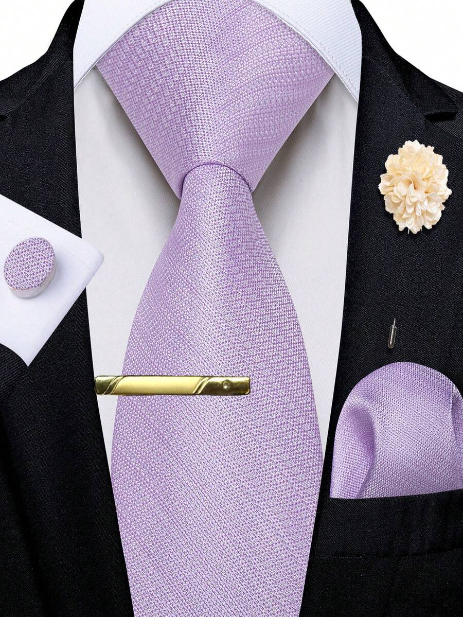 5Pcs Men Lilac Tie Pocket Square Cufflinks Boutonniere Tie Clip Set, Random Cufflink Pattern, Suit Accessories For Wedding - Lilac Purple - View 1