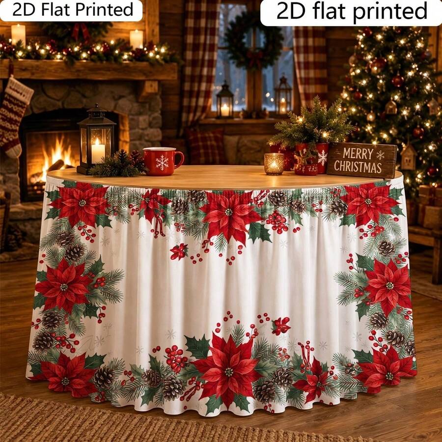 1pc Table Skirt, Red Poinsettia Pine Cone Christmas Wreath, Classic Holiday Style, Suitable For Winter, Create Rich Christmas Atmosphere, Home Dining Room Holiday Party Table Decoration - A - View 1