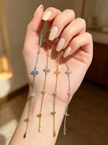 Clover Bracelet,Adjustable Chain,Zirconia Jewelry,Gold Plated Accessory,Stackable Women Gift - Multicolor - View 3