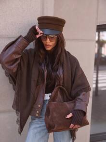 1PC Women's Elegant Luxury Chocolate Brown Solid Color Lace Trim Large Triangle Cashmere Shawl, Pashmina Casual Fashion Autumn/Winter Accessory, Suitable For Wedding, Banquet, Holiday Celebration, Winter Warmth - Coffee Brown - View 1
