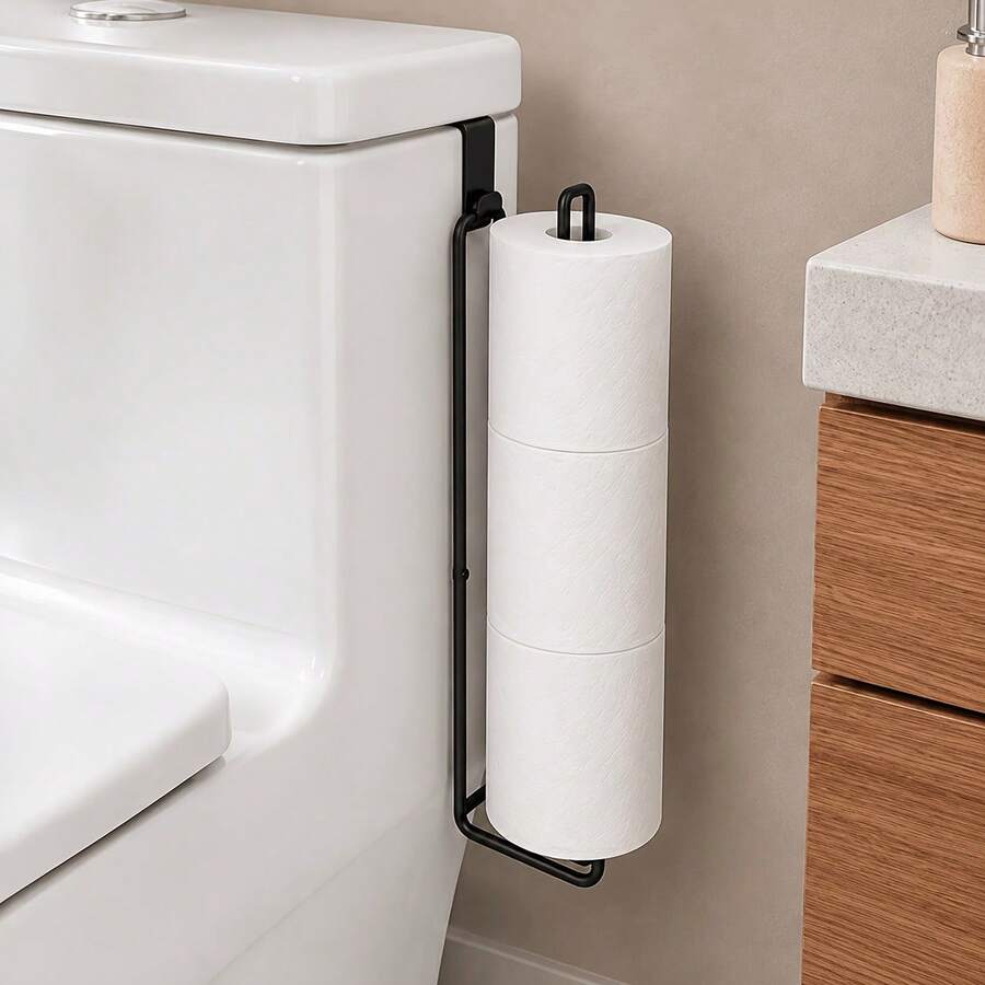 1pc Modern Metal Hanging Toilet Paper Holder, 3-Roll Capacity Bathroom Storage Rack, No-Drill Easy Installation Toilet Paper Rack, Bathroom Cabinet Side Hanging Rack, Home Bathroom Toilet Paper Holder - Multicolor - View 1