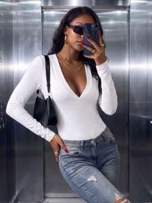 Women's Casual Deep V-Neck Long Sleeve T-Shirt For Daily Wear , Fall & Winter, Going Out, White Top - White - View 2