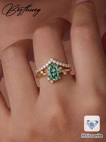 Besthing 2pcs/Set S925 Sterling Silver 1CT Oval Blue-Green Moissanite V-Shaped Stackable Wedding Commitment Anniversary Jewelry Gift - Emas - View 1