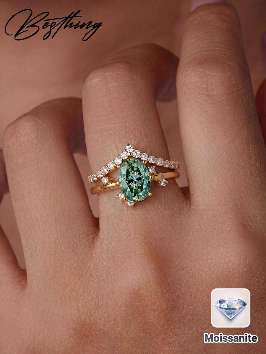 Besthing 2pcs/Set S925 Sterling Silver 1CT Oval Blue-Green Moissanite V-Shaped Stackable Wedding Commitment Anniversary Jewelry Gift - Emas - View 1