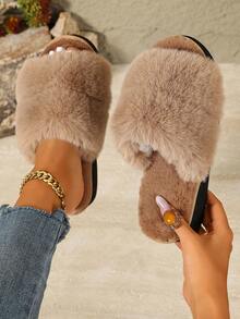 Korean Style Minimalist Fluffy Open Toe Slippers Flat Non-Slip Thick Sole One-Strap Fuzzy Slides - Khaki - View 1